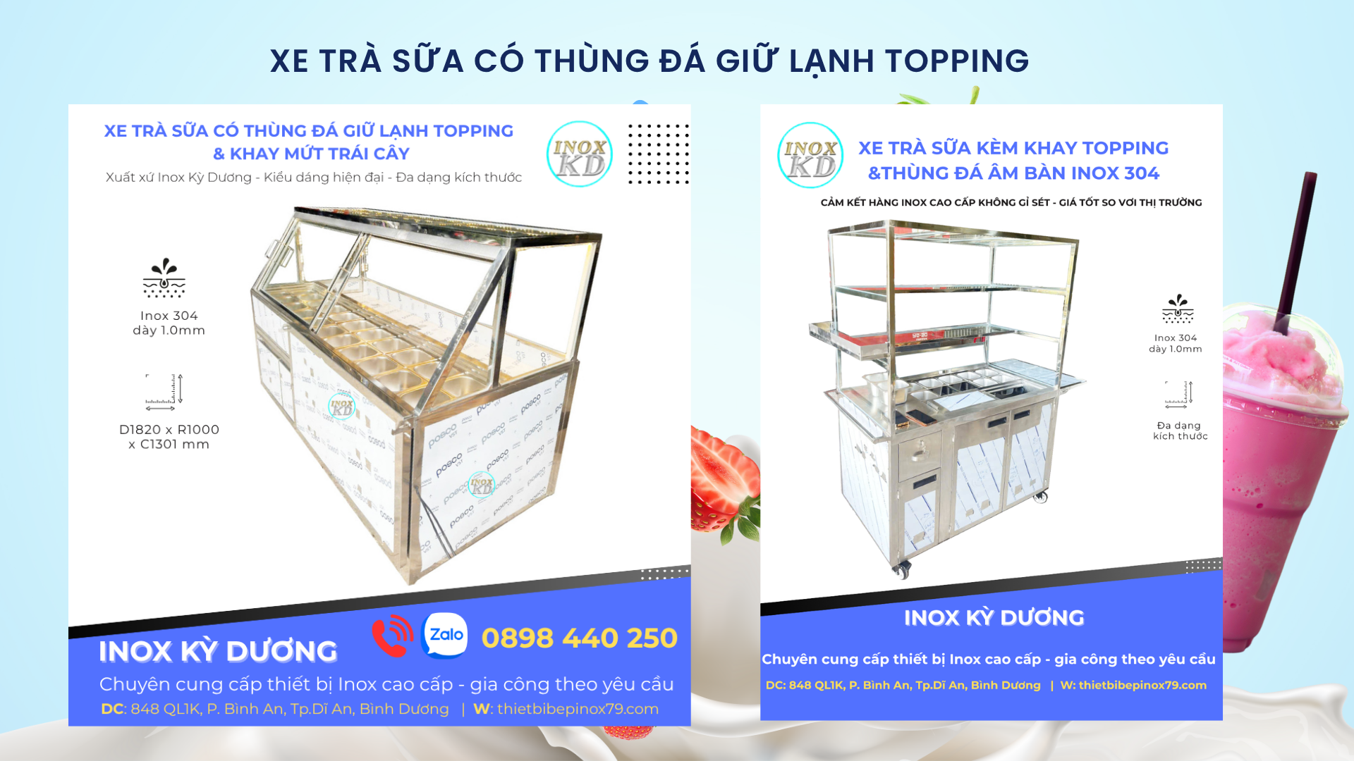 xe trà sữa thùng đá âm khay topping