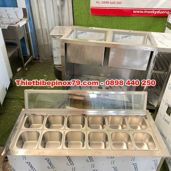 THÙNG ĐÁ INOX ÂM QUẦY 12 KHAY TOPPING 1/6 TRƯNG BÀY ĐẸP MẮT, HÀNG XƯỞNG, GIÁ TỐT