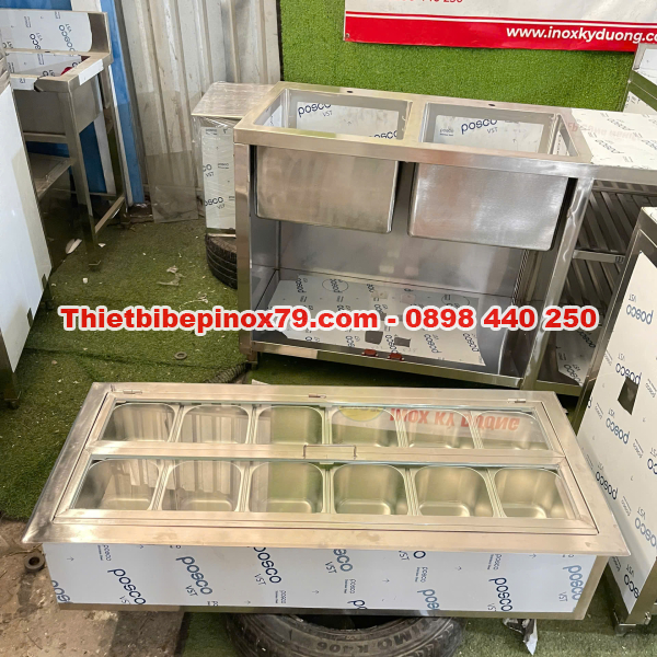 THÙNG ĐÁ INOX ÂM QUẦY 12 KHAY TOPPING 1/6 TRƯNG BÀY ĐẸP MẮT, HÀNG XƯỞNG, GIÁ TỐT
