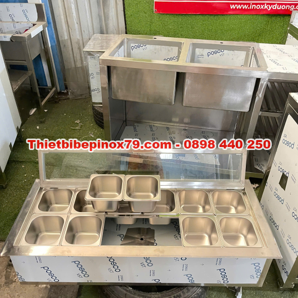 THÙNG ĐÁ INOX ÂM QUẦY 12 KHAY TOPPING 1/6 TRƯNG BÀY ĐẸP MẮT, HÀNG XƯỞNG, GIÁ TỐT
