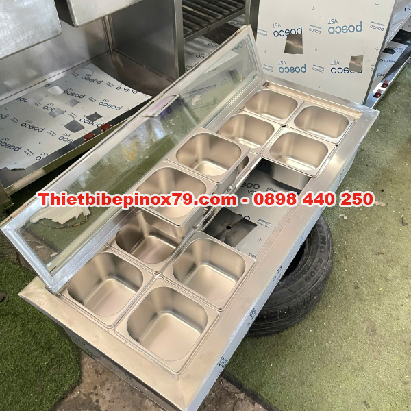 THÙNG ĐÁ INOX ÂM QUẦY 12 KHAY TOPPING 1/6 TRƯNG BÀY ĐẸP MẮT, HÀNG XƯỞNG, GIÁ TỐT