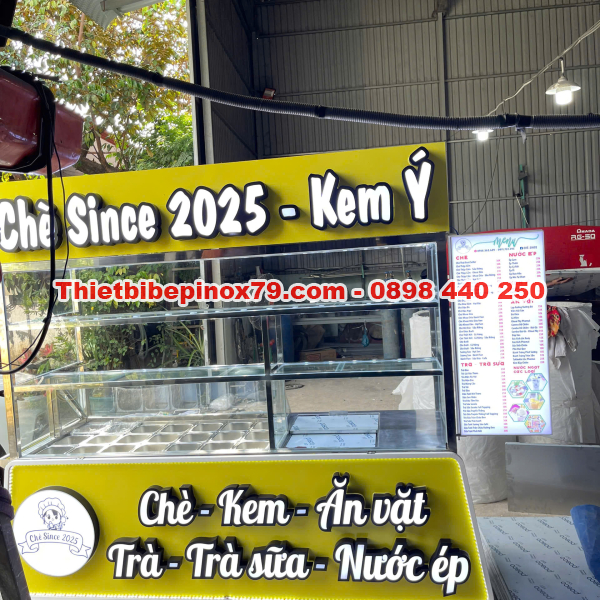 XE TRÀ SỮA INOX 304 CAO CẤP TÍCH HỢP TỦ KÍNH TRƯNG BÀY VÀ KHAY TOPPING CHUYÊN NGHIỆP