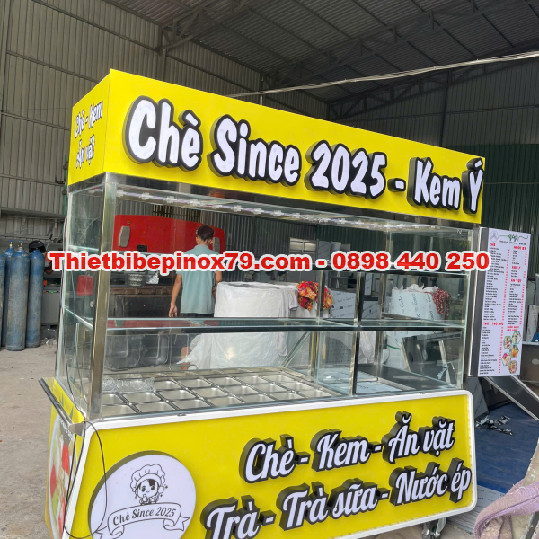 XE TRÀ SỮA INOX 304 CAO CẤP TÍCH HỢP TỦ KÍNH TRƯNG BÀY VÀ KHAY TOPPING CHUYÊN NGHIỆP