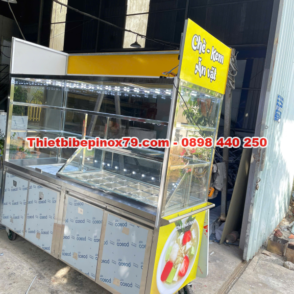XE TRÀ SỮA INOX 304 CAO CẤP TÍCH HỢP TỦ KÍNH TRƯNG BÀY VÀ KHAY TOPPING CHUYÊN NGHIỆP