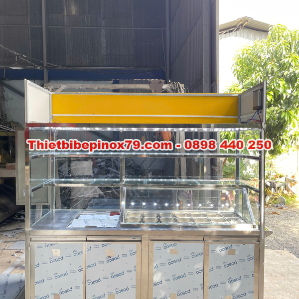 XE TRÀ SỮA INOX 304 CAO CẤP TÍCH HỢP TỦ KÍNH TRƯNG BÀY VÀ KHAY TOPPING CHUYÊN NGHIỆP