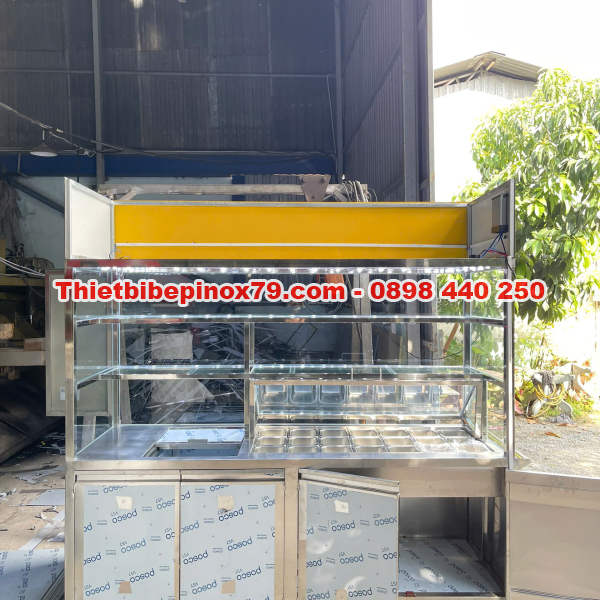 XE TRÀ SỮA INOX 304 CAO CẤP TÍCH HỢP TỦ KÍNH TRƯNG BÀY VÀ KHAY TOPPING CHUYÊN NGHIỆP