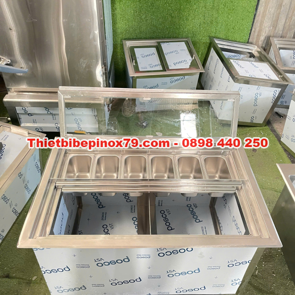 THÙNG ĐÁ INOX 304 ÂM QUẦY TÍCH HỢP KHAY TOPPING CHO QUÁN TRÀ SỮA VÀ QUÁN CHÈ