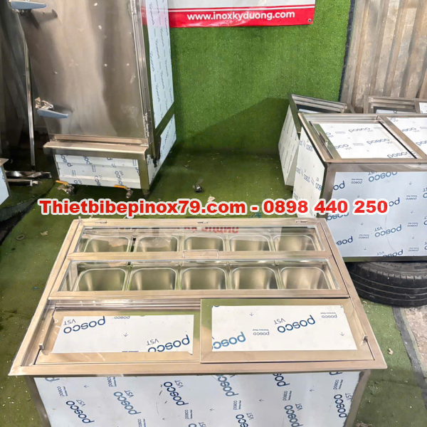 THÙNG ĐÁ INOX TÍCH HỢP 10 KHAY TOPPING 1/6 CHUYÊN NGHIỆP, TRƯNG BÀY ĐA DẠNG, GIỮ NHIỆT TỐT