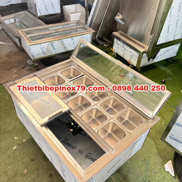 THÙNG ĐÁ INOX TÍCH HỢP 10 KHAY TOPPING 1/6 CHUYÊN NGHIỆP, TRƯNG BÀY ĐA DẠNG, GIỮ NHIỆT TỐT