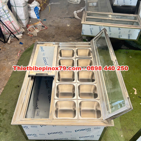 THÙNG ĐÁ INOX TÍCH HỢP 10 KHAY TOPPING 1/6 CHUYÊN NGHIỆP, TRƯNG BÀY ĐA DẠNG, GIỮ NHIỆT TỐT