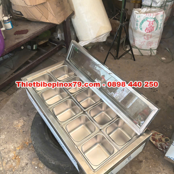 THÙNG ĐÁ INOX 304 ÂM QUẦY 10 KHAY TOPPING NẮP KÍNH LẬT – GIỮ LẠNH LÂU, PHA CHẾ CHUYÊN NGHIỆP