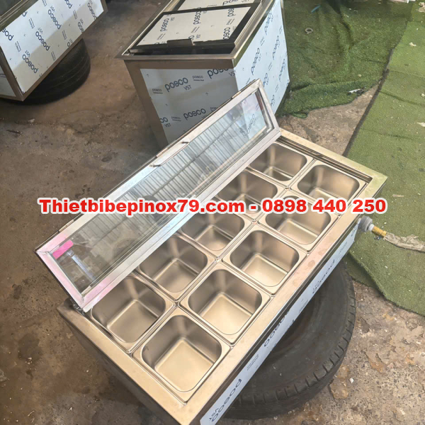 THÙNG ĐÁ INOX 304 ÂM QUẦY 10 KHAY TOPPING NẮP KÍNH LẬT – GIỮ LẠNH LÂU, PHA CHẾ CHUYÊN NGHIỆP