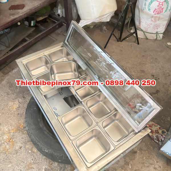 THÙNG ĐÁ INOX 304 ÂM QUẦY 10 KHAY TOPPING NẮP KÍNH LẬT – GIỮ LẠNH LÂU, PHA CHẾ CHUYÊN NGHIỆP