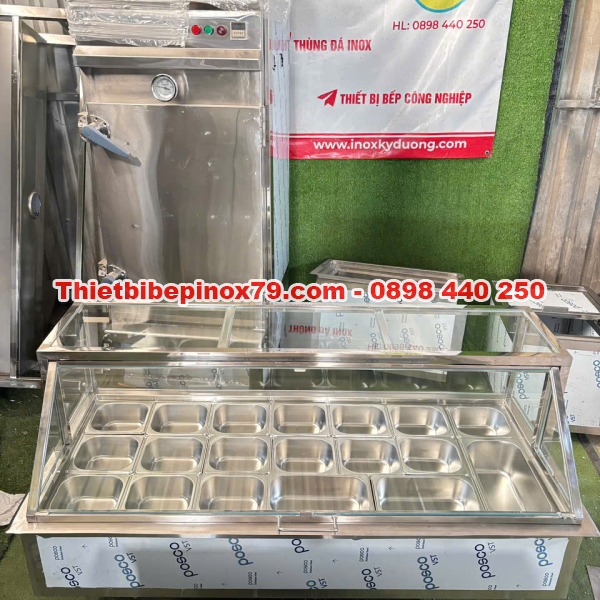 THÙNG ĐÁ INOX 304 NẮP KÍNH LẬT TÍCH HỢP KHAY TOPPING THU HÚT KHÁCH HÀNG, TIỆN LỢI THAO TÁC
