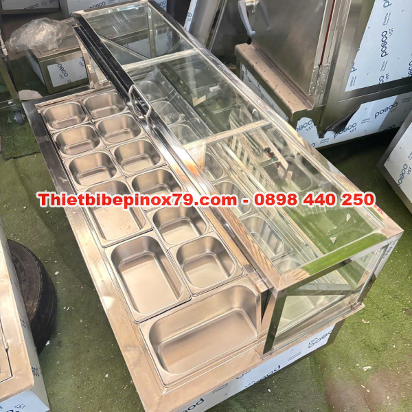 THÙNG ĐÁ INOX 304 NẮP KÍNH LẬT TÍCH HỢP KHAY TOPPING THU HÚT KHÁCH HÀNG, TIỆN LỢI THAO TÁC