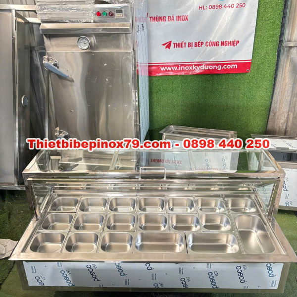 THÙNG ĐÁ INOX 304 NẮP KÍNH LẬT TÍCH HỢP KHAY TOPPING THU HÚT KHÁCH HÀNG, TIỆN LỢI THAO TÁC