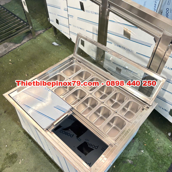 THÙNG ĐÁ INOX NÂM QUẦY 12 KHAY TOPPING TRƯNG BÀY ĐẸP MẮT, TIỆN LỢI PHA CHẾ