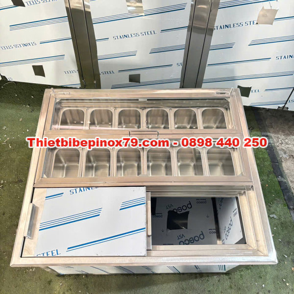 THÙNG ĐÁ INOX NÂM QUẦY 12 KHAY TOPPING TRƯNG BÀY ĐẸP MẮT, TIỆN LỢI PHA CHẾ
