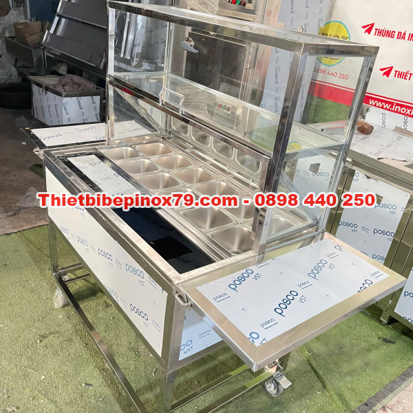 THÙNG ĐÁ INOX KHAY TOPPING CÓ CHÂN, KỆ TRÊN 2 TẦNG, NẮP KÍNH LẬT VÀ BÀN GẬP PHA CHẾ CHUYÊN NGHIỆP
