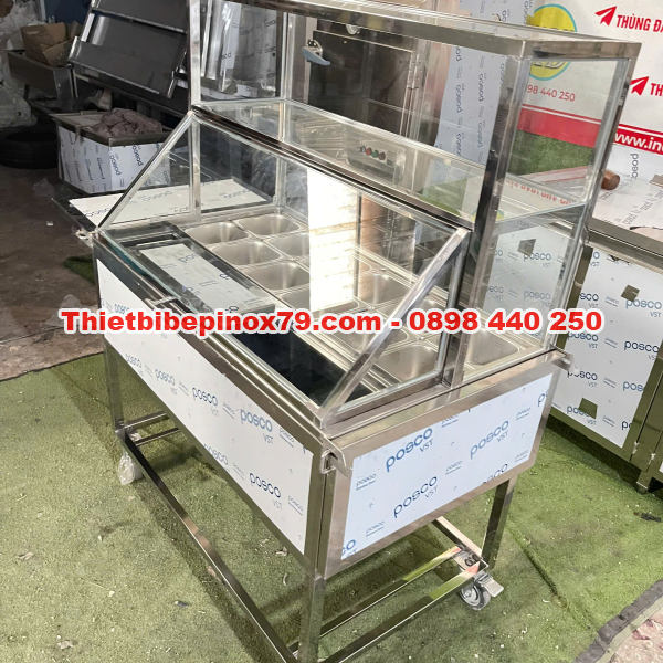 THÙNG ĐÁ INOX KHAY TOPPING CÓ CHÂN, KỆ TRÊN 2 TẦNG, NẮP KÍNH LẬT VÀ BÀN GẬP PHA CHẾ CHUYÊN NGHIỆP