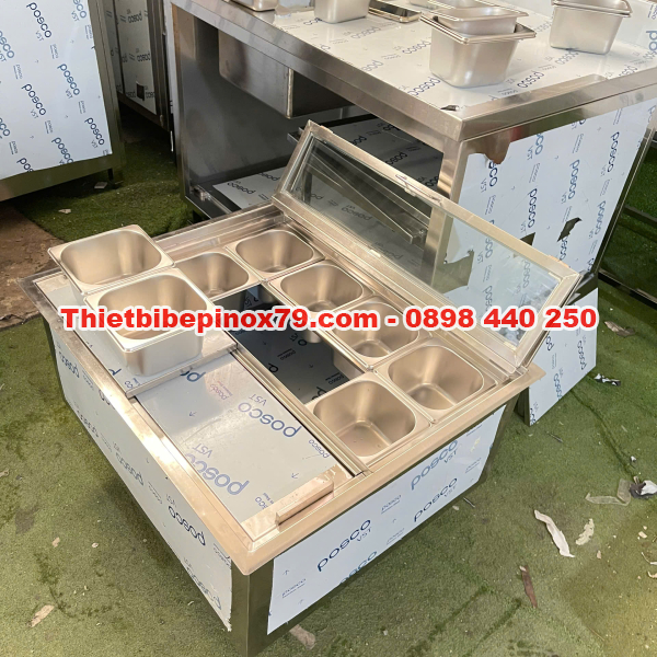 THÙNG ĐÁ INOX 304 ÂM QUẦY 8 KHAY TOPPING 1/6 GIỮ NHIỆT VƯỢT TRỘI, THAO TÁC DỄ DÀNG 