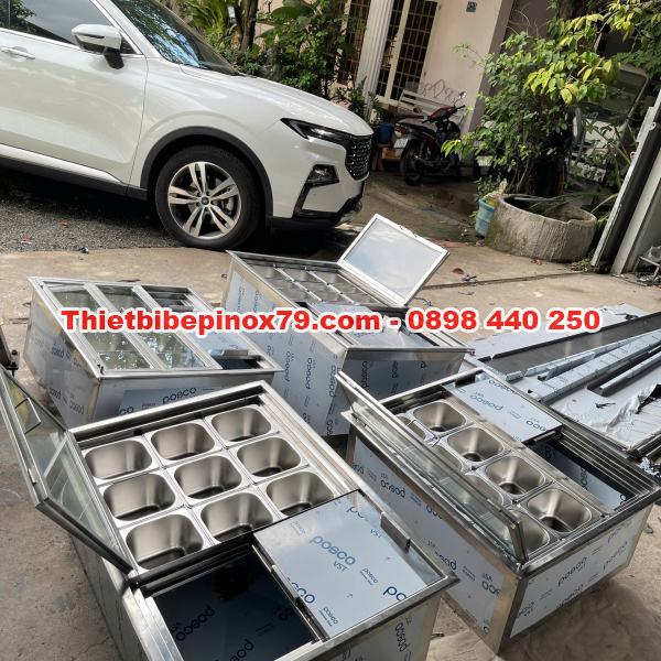THÙNG ĐÁ INOX 304 KHAY TOPPING THIẾT KẾ CHUYÊN NGHIỆP, TIỆN LỢI GIA CÔNG THEO YÊU CẦU