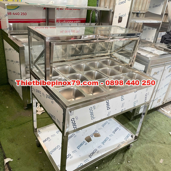 THÙNG ĐÁ INOX 304 TÍCH HỢP 15 KHAY TOPPING 1/6 NẮP KÍNH LẬT CÓ CHÂN BÁNH XE, GIÁ XƯỞNG