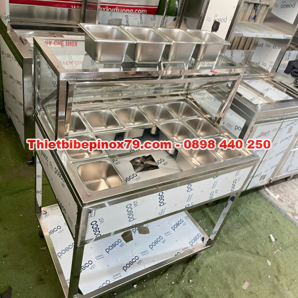 THÙNG ĐÁ INOX 304 TÍCH HỢP 15 KHAY TOPPING 1/6 NẮP KÍNH LẬT CÓ CHÂN BÁNH XE, GIÁ XƯỞNG