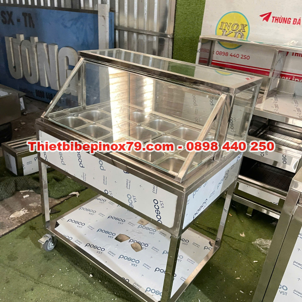 THÙNG ĐÁ INOX 304 TÍCH HỢP 15 KHAY TOPPING 1/6 NẮP KÍNH LẬT CÓ CHÂN BÁNH XE, GIÁ XƯỞNG