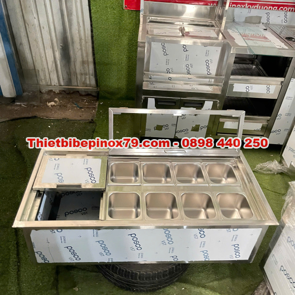 THÙNG ĐÁ INOX 304 TÍCH HỢP 8 KHAY TOPPING 1/6 – GIẢI PHÁP LƯU TRỮ TOPPING THÔNG MINH CHO QUẦY PHA CHẾ