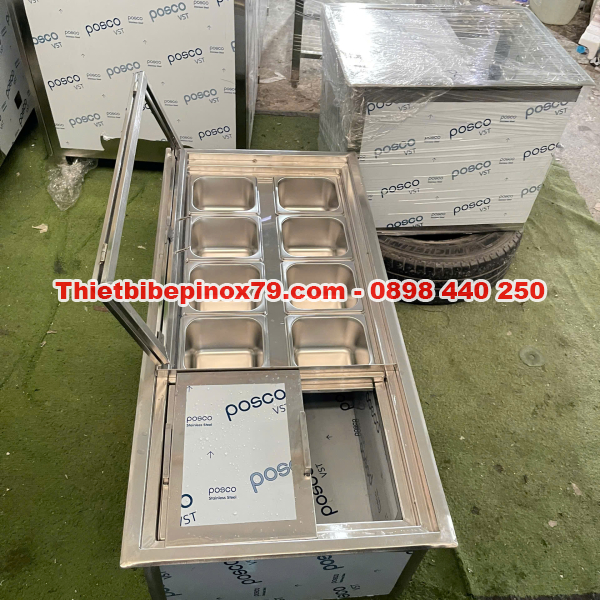 THÙNG ĐÁ INOX 304 TÍCH HỢP 8 KHAY TOPPING 1/6 – GIẢI PHÁP LƯU TRỮ TOPPING THÔNG MINH CHO QUẦY PHA CHẾ