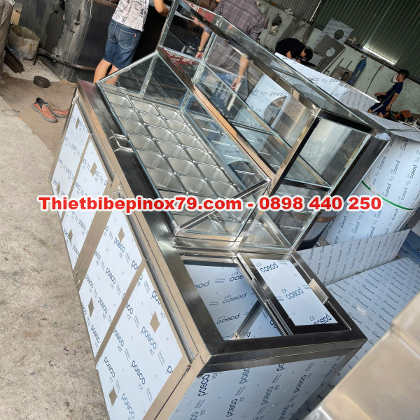 XE TRÀ SỮA INOX 23 KHAY TOPPING KẾT HỢP THÙNG ĐÁ GIÚP PHA CHẾ CHUYÊN NGHIỆP, TIỆN LỢI