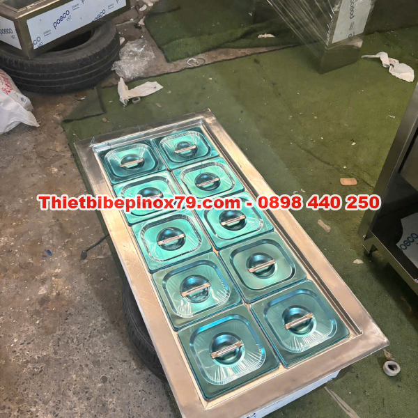 THÙNG ĐÁ INOX 304 ÂM QUẦY TÍCH HỢP 10 KHAY TOPPING 1/6 NẮP RIÊNG GIA CÔNG TẠI XƯỞNG