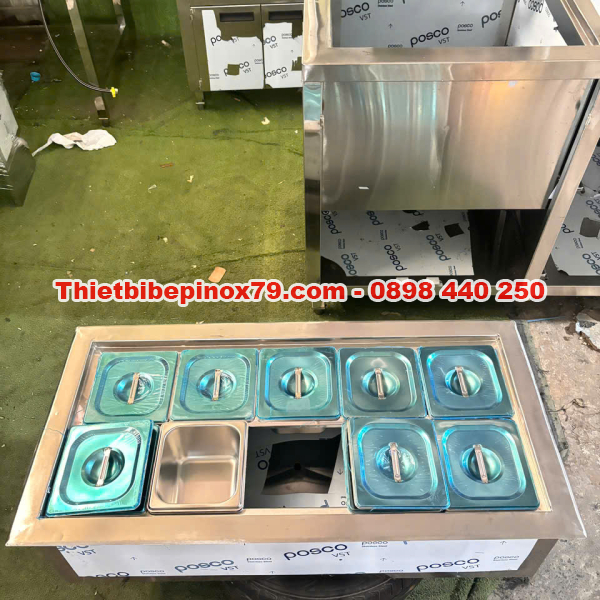 THÙNG ĐÁ INOX 304 ÂM QUẦY TÍCH HỢP 10 KHAY TOPPING 1/6 NẮP RIÊNG GIA CÔNG TẠI XƯỞNG