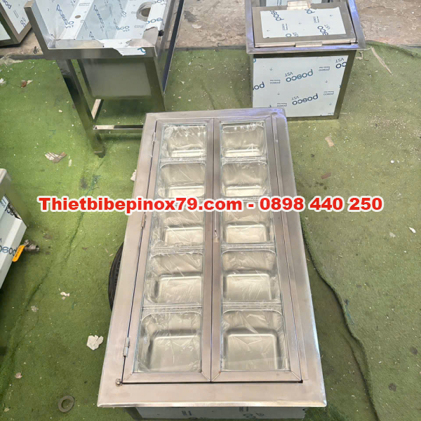 THÙNG ĐÁ INOX ÂM QUẦY 10 KHAY TOPPING 1/6 GIA CÔNG TẠI XƯỞNG, GIÁ CẢ HỢP LÍ