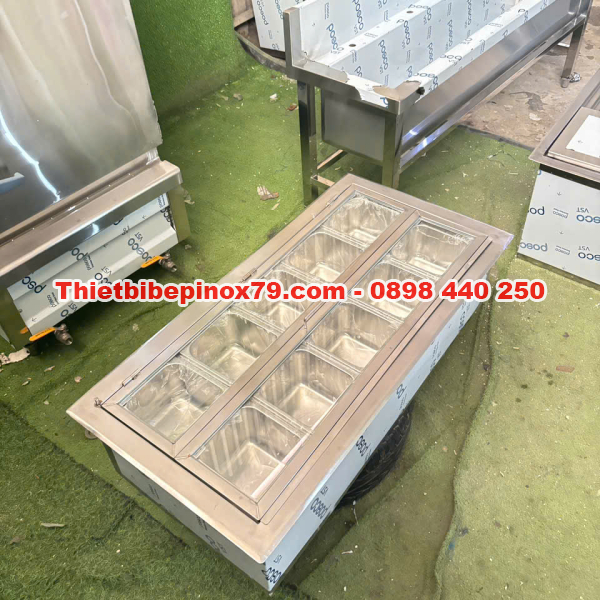 THÙNG ĐÁ INOX ÂM QUẦY 10 KHAY TOPPING 1/6 GIA CÔNG TẠI XƯỞNG, GIÁ CẢ HỢP LÍ