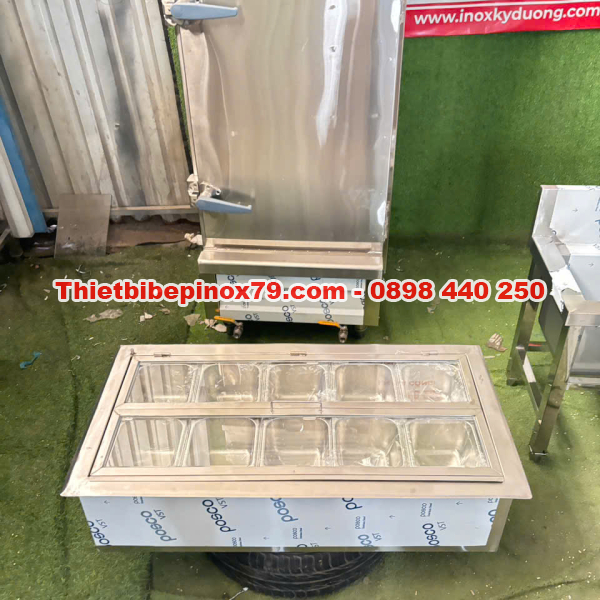 THÙNG ĐÁ INOX ÂM QUẦY 10 KHAY TOPPING 1/6 GIA CÔNG TẠI XƯỞNG, GIÁ CẢ HỢP LÍ
