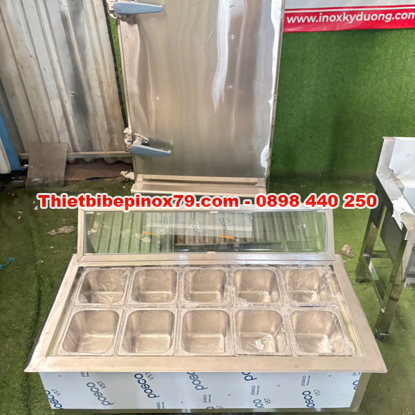 THÙNG ĐÁ INOX ÂM QUẦY 10 KHAY TOPPING 1/6 GIA CÔNG TẠI XƯỞNG, GIÁ CẢ HỢP LÍ