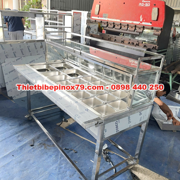 THÙNG ĐÁ INOX 20 KHAY TOPPING NẮP KÍNH LẬT CÓ BÀN GẬP THIẾT KẾ HIỆN ĐẠI, THÔNG MINH