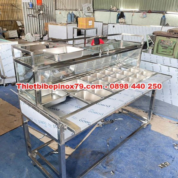 THÙNG ĐÁ INOX 20 KHAY TOPPING NẮP KÍNH LẬT CÓ BÀN GẬP THIẾT KẾ HIỆN ĐẠI, THÔNG MINH