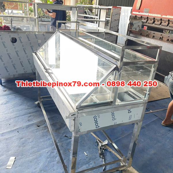 THÙNG ĐÁ INOX 20 KHAY TOPPING NẮP KÍNH LẬT CÓ BÀN GẬP THIẾT KẾ HIỆN ĐẠI, THÔNG MINH