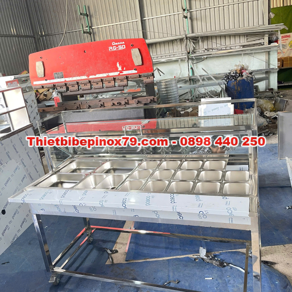 THÙNG ĐÁ INOX 20 KHAY TOPPING NẮP KÍNH LẬT CÓ BÀN GẬP THIẾT KẾ HIỆN ĐẠI, THÔNG MINH