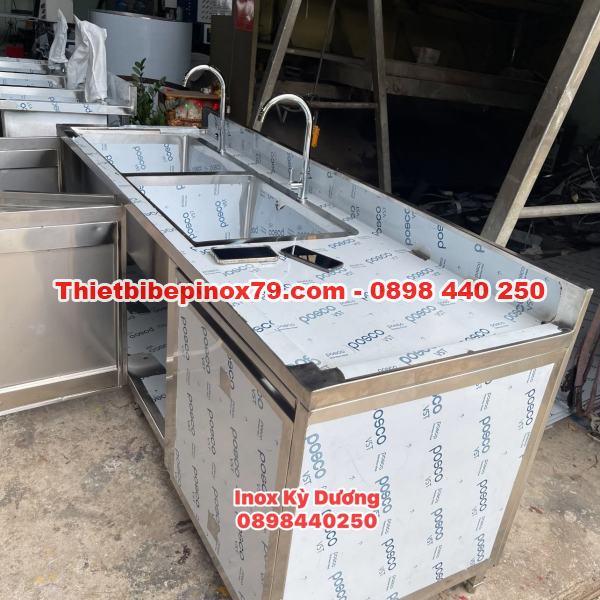 QUẦY PHA CHẾ INOX 304 TÍCH HỢP CHẬU RỬA ĐÔI, MẶT BÀN VÀ TỦ LƯU TRỮ ĐA NĂNG