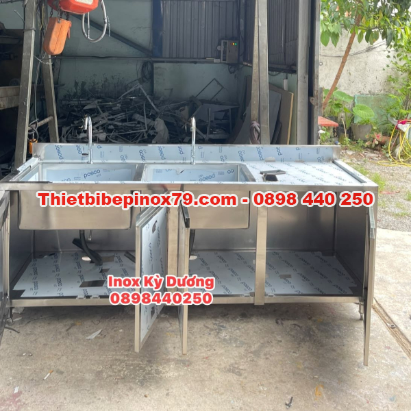 QUẦY PHA CHẾ INOX 304 TÍCH HỢP CHẬU RỬA ĐÔI, MẶT BÀN VÀ TỦ LƯU TRỮ ĐA NĂNG