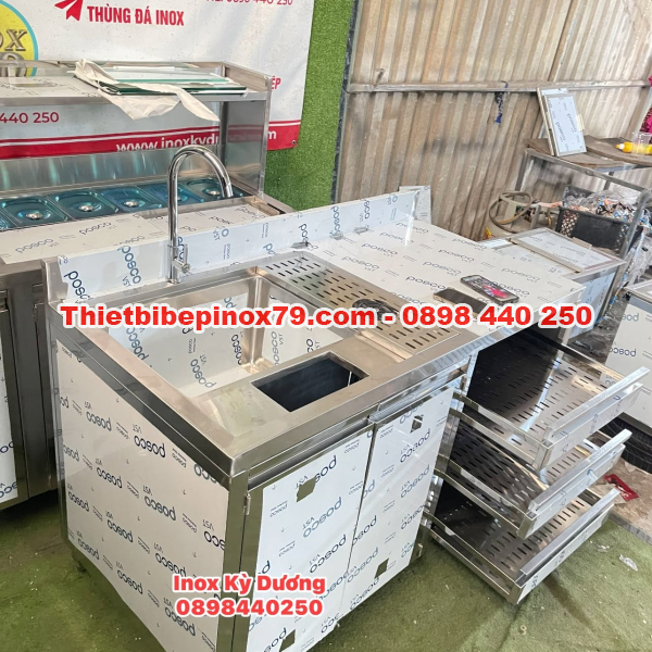 QUẦY PHA CHẾ INOX TÍCH HỢP CHẬU RỬA & 3 KHAY ÚP LY – THIẾT KẾ GỌN GÀNG, TỐI ƯU KHÔNG GIAN