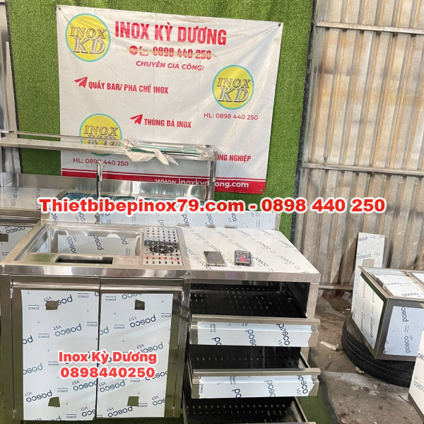 QUẦY PHA CHẾ INOX TÍCH HỢP CHẬU RỬA & 3 KHAY ÚP LY – THIẾT KẾ GỌN GÀNG, TỐI ƯU KHÔNG GIAN