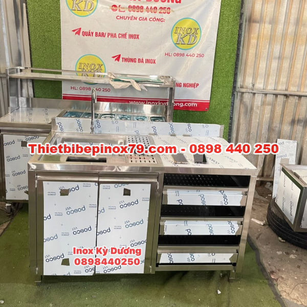 QUẦY PHA CHẾ INOX TÍCH HỢP CHẬU RỬA & 3 KHAY ÚP LY – THIẾT KẾ GỌN GÀNG, TỐI ƯU KHÔNG GIAN