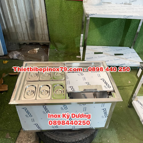 THÙNG ĐÁ INOX 304 TÍCH HỢP 6 KHAY TOPPING 1/9 GIẢI PHÁP BẢO QUẢN CHUYÊN NGHIỆP, GIA CÔNG TẠI XƯỞNG