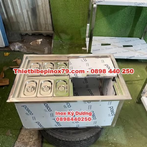 THÙNG ĐÁ INOX 304 TÍCH HỢP 6 KHAY TOPPING 1/9 GIẢI PHÁP BẢO QUẢN CHUYÊN NGHIỆP, GIA CÔNG TẠI XƯỞNG