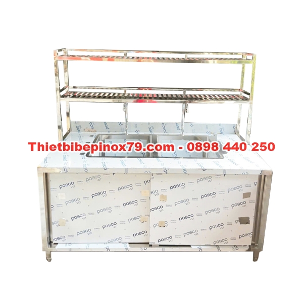 Bồn Rửa chén Inox 304 2 Ngăn Có Chân Kèm Kệ Trên Và Tủ Để Đồ